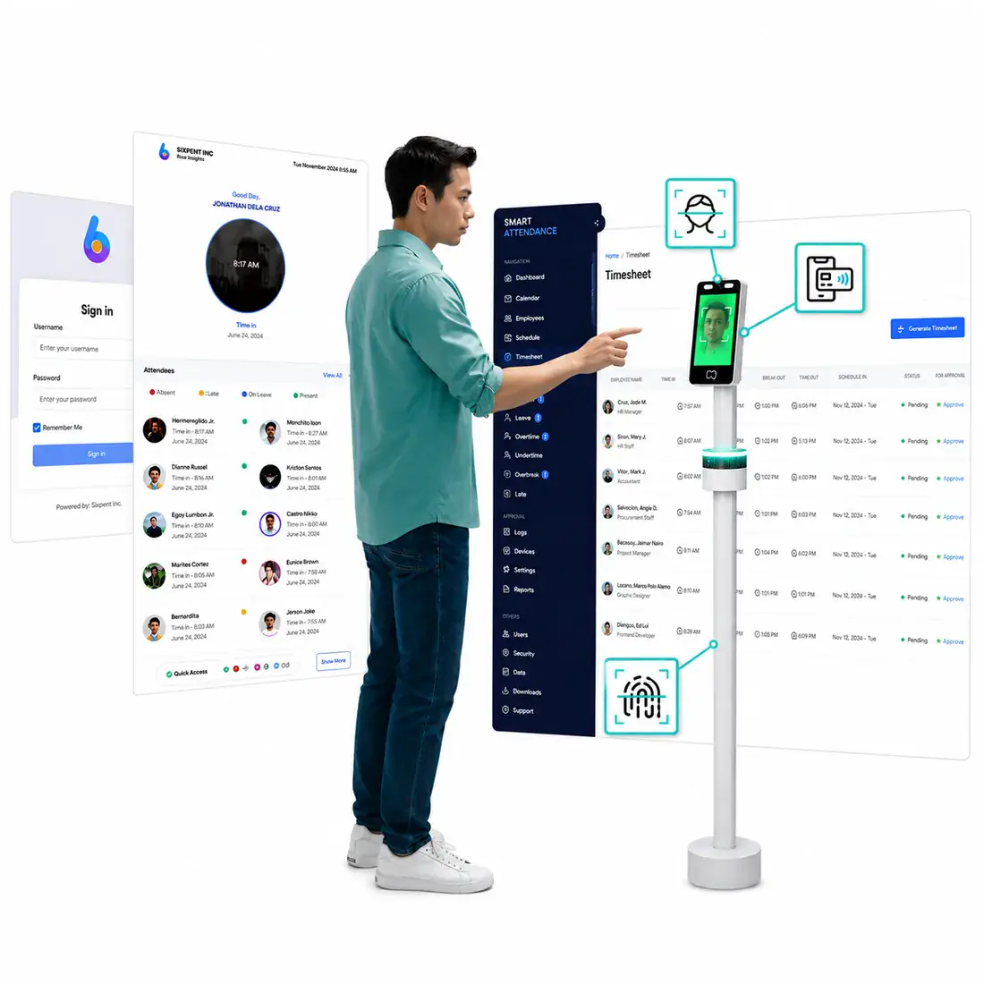 Smart Attendance with Payroll: an employee checking in at a BioScan terminal beside the attendance and payroll screens