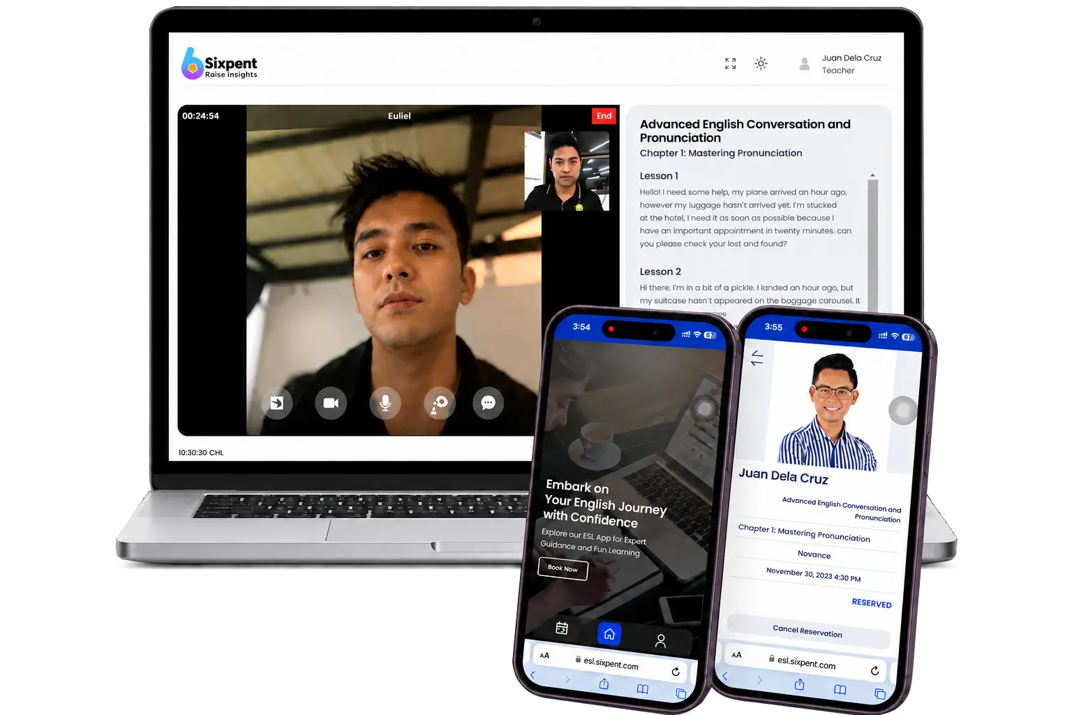ESL Software System shown on laptop and mobile browsers