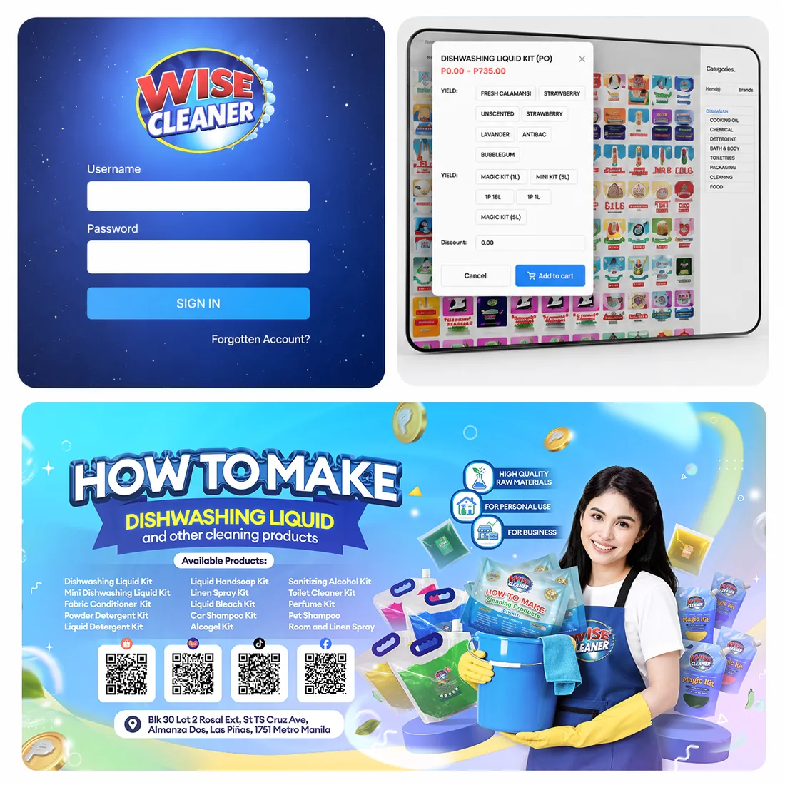 Wise Cleaner Enterprise System: sign-in, point-of-sale screen, and Wise Cleaner product material